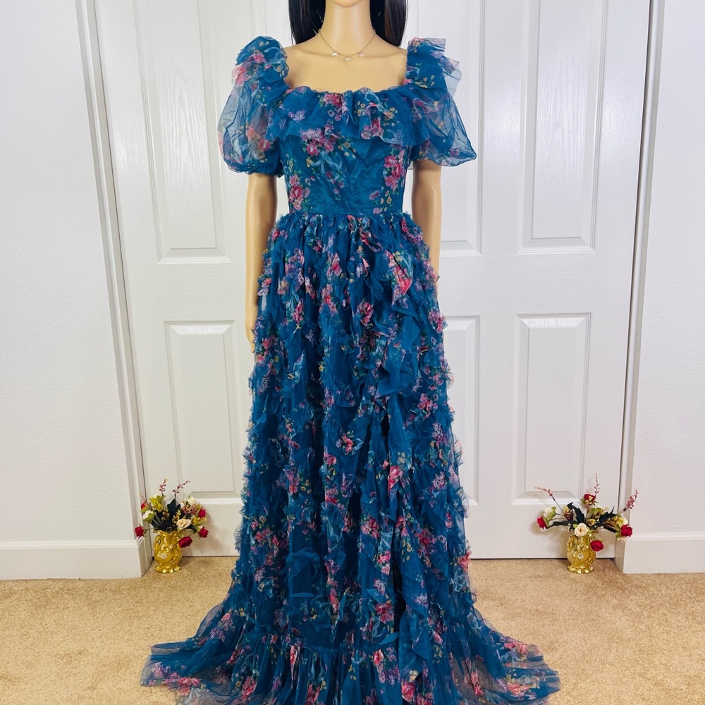Teal Floral Ruffle Maxi Dress